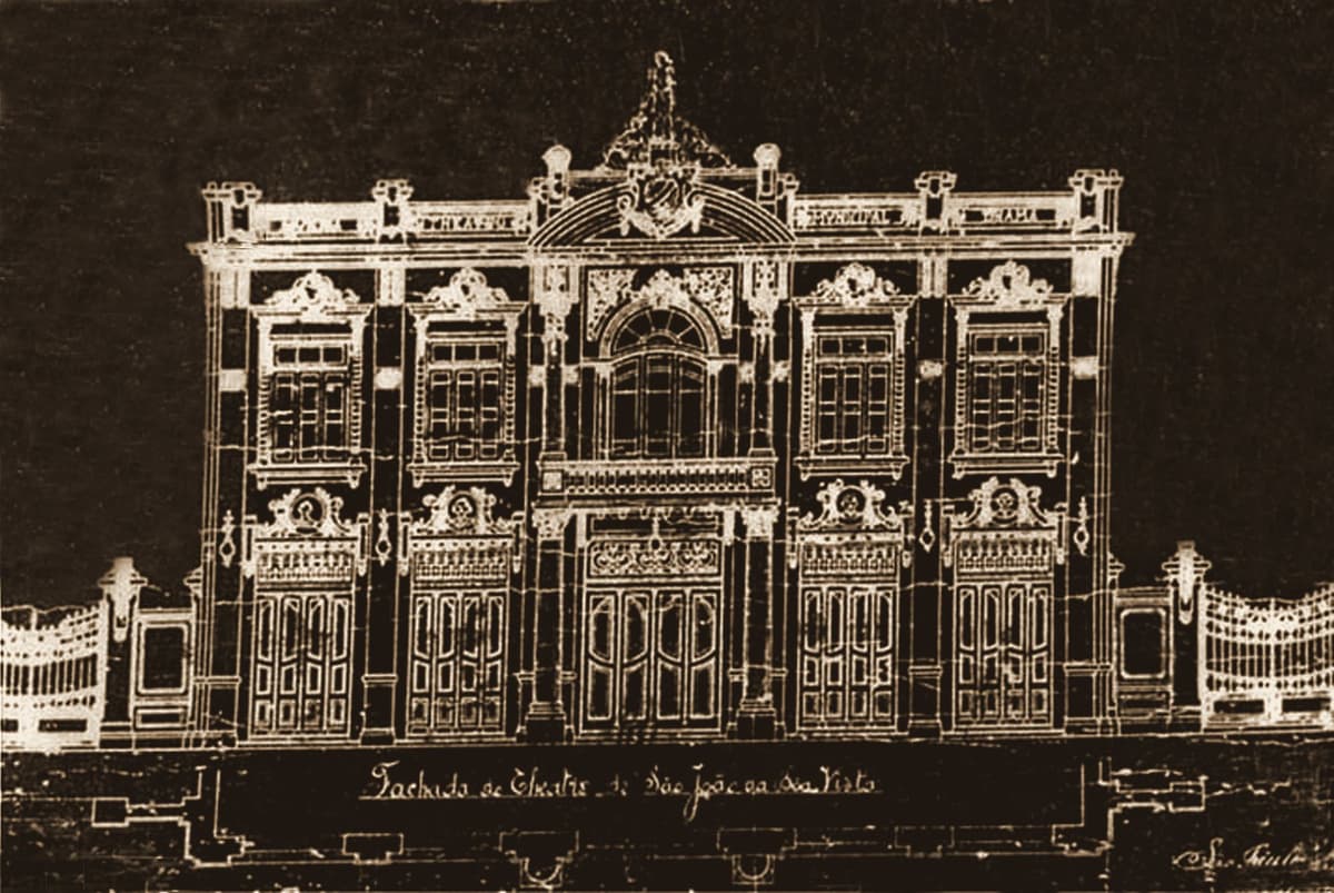 O projeto original da fachada, 1913 — composição simétrica, frontão e inscrições.