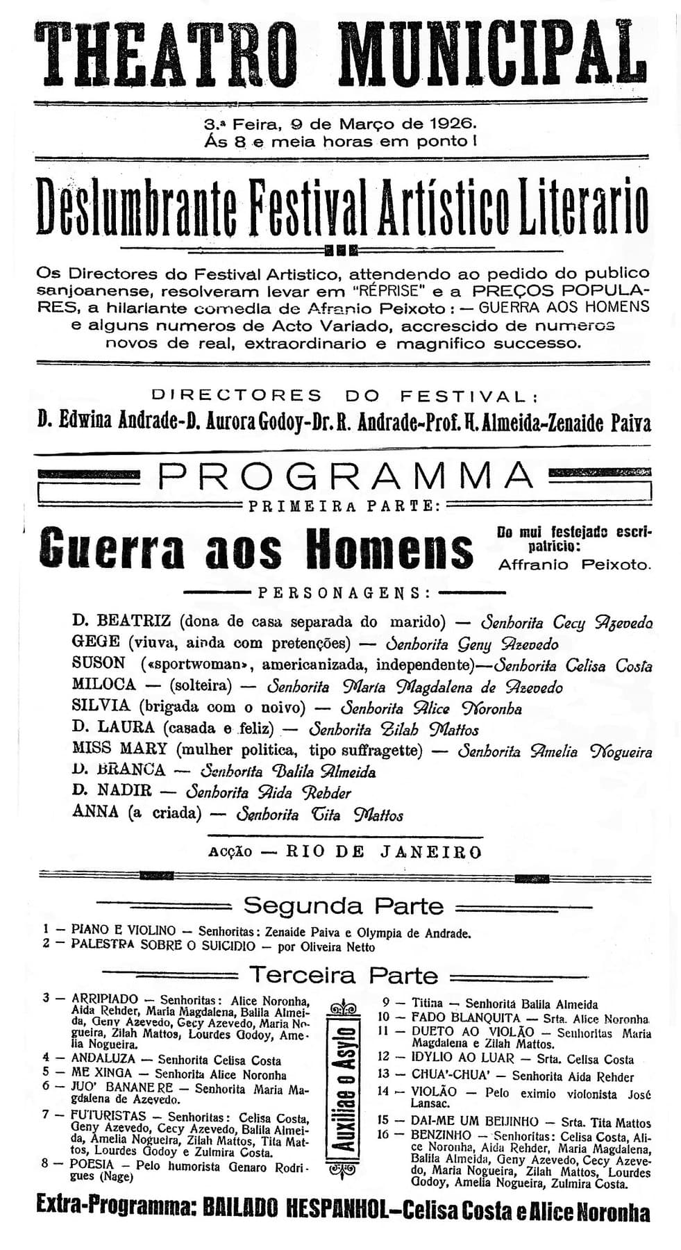 O programa do Deslumbrante Festival Artístico Literário de 9 de março de 1926, com a comédia “Guerra aos Homens”, de Afrânio Peixoto, e o elenco de moças da cidade.