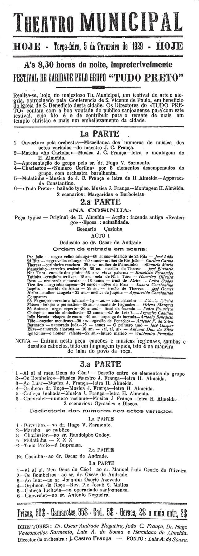 O programa do festival de caridade do grupo “Tudo Preto”, em 5 de fevereiro de 1929, patrocinado pela Conferência de São Vicente de Paulo em benefício da Igreja de São Benedito.