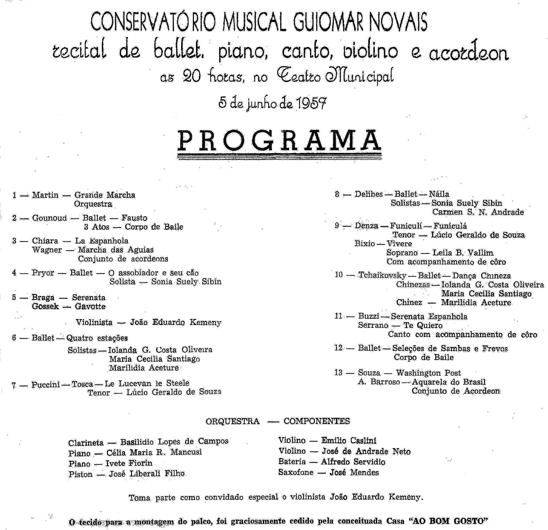O programa de um recital do Conservatório Musical Guiomar Novais no Theatro, em 5 de junho de 1957 — ballet, piano, canto, violino e acordeon.