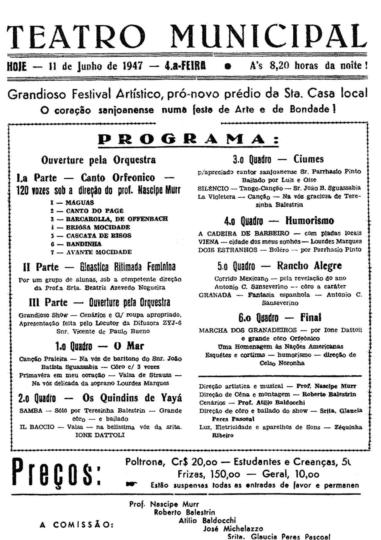O programa do Festival Artístico de 11 de junho de 1947, com o canto orfeônico de 120 vozes regido por Nascipe Murr.