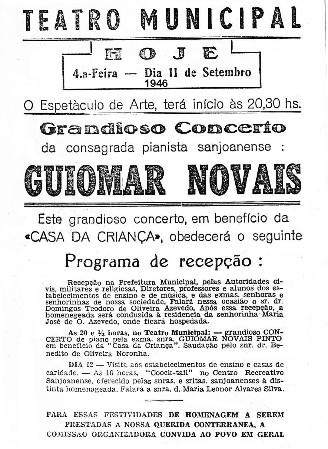 O programa do concerto de Guiomar Novaes no Theatro, em 1946.