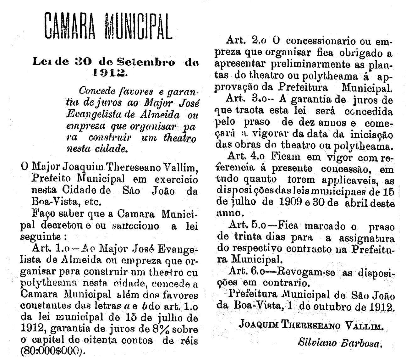 A lei municipal de 1912 que concedia incentivos a quem construísse um teatro em São João da Boa Vista.