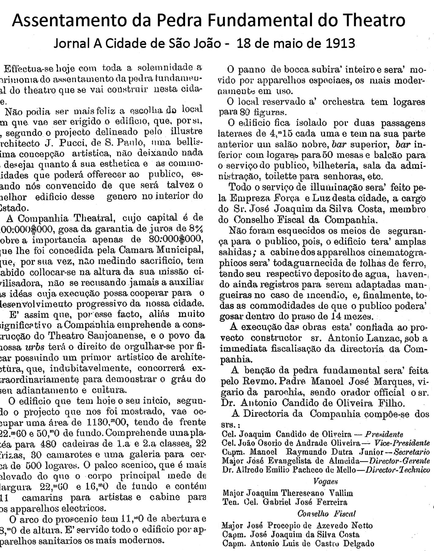 A crônica do jornal A Cidade de São João, em maio de 1913, sobre o assentamento da pedra fundamental — com a descrição técnica do edifício projetado.