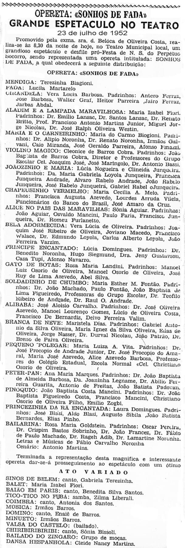 O programa da opereta “Sonhos de Fada”, dirigida por Dona Beloca, apresentada no Theatro Municipal em 1952.
