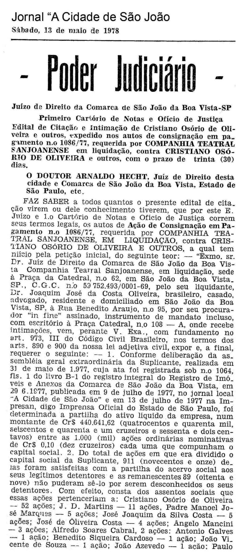 O jornal A Cidade de São João, de 13 de maio de 1978, com o edital de citação da liquidação judicial da Companhia Teatral Sanjoanense.