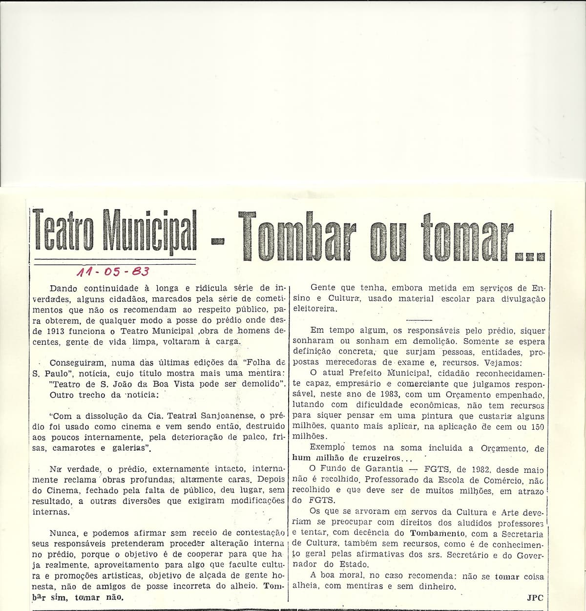 “Tombar ou tomar…” — recorte de jornal de 1983 sobre o impasse do destino do Theatro.