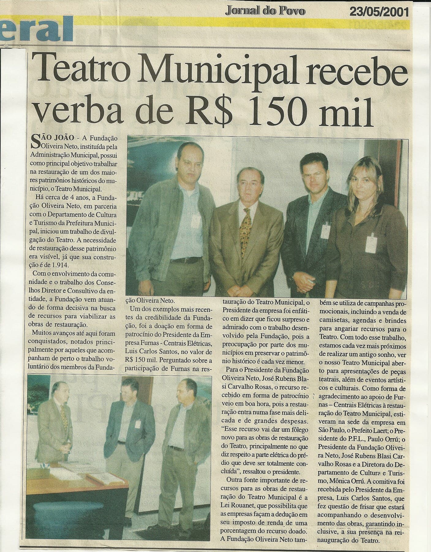 “Teatro Municipal recebe verba de R$ 150 mil” — o Jornal do Povo, em 2001, noticia o repasse federal que ajudou a concluir o restauro.