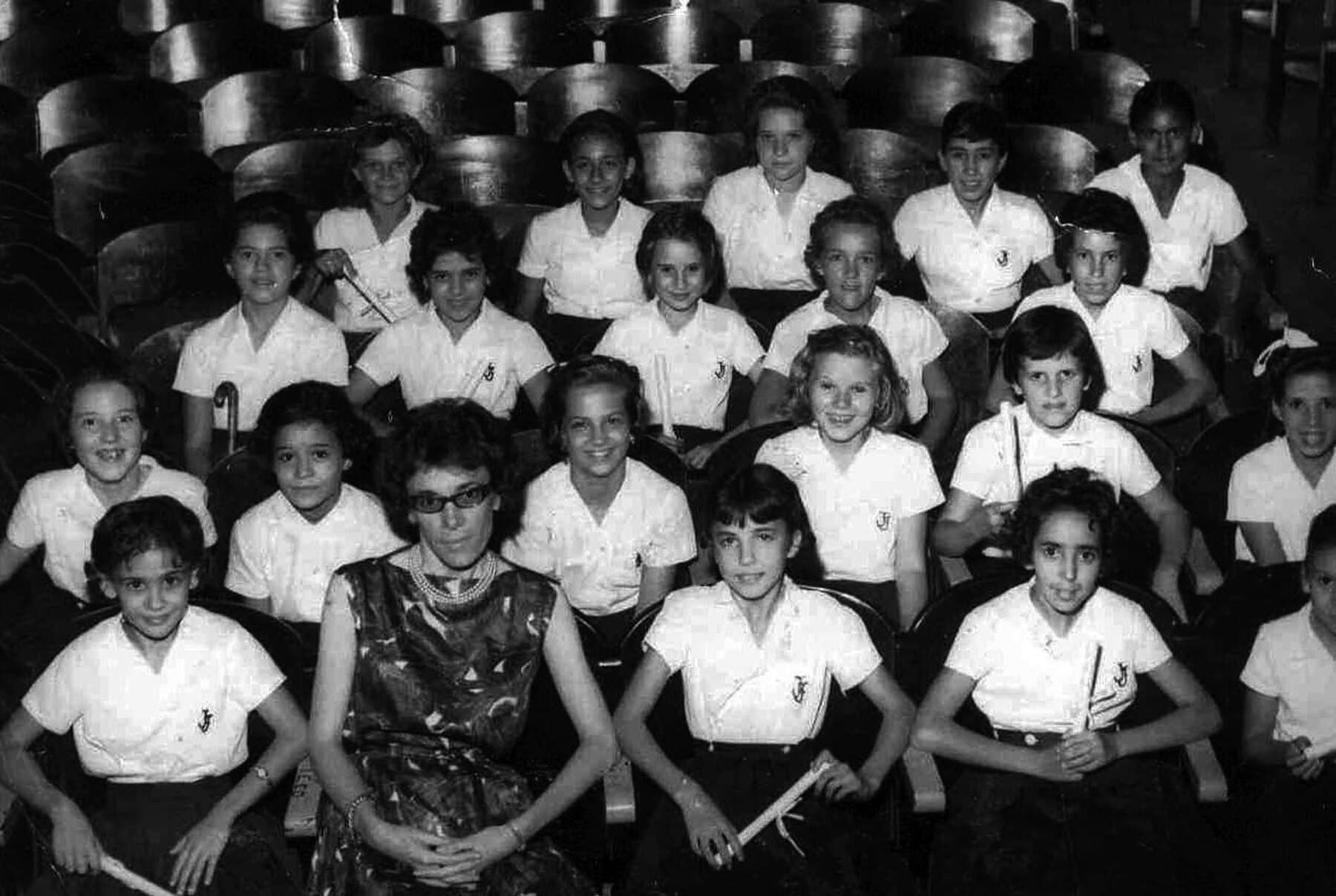 Um grupo posando para retrato no Theatro, em registro de outras décadas.