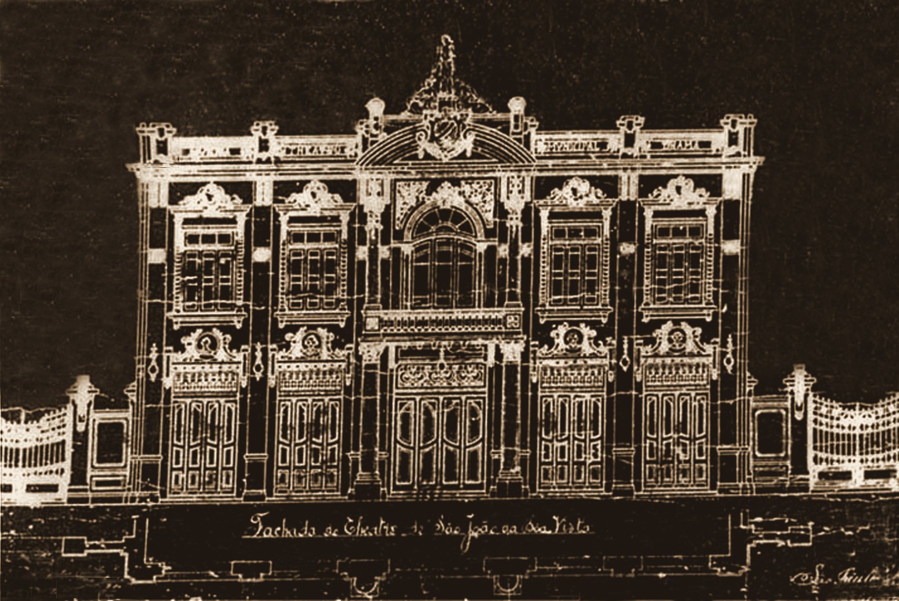O projeto original da fachada, 1913 — composição simétrica, frontão e inscrições.